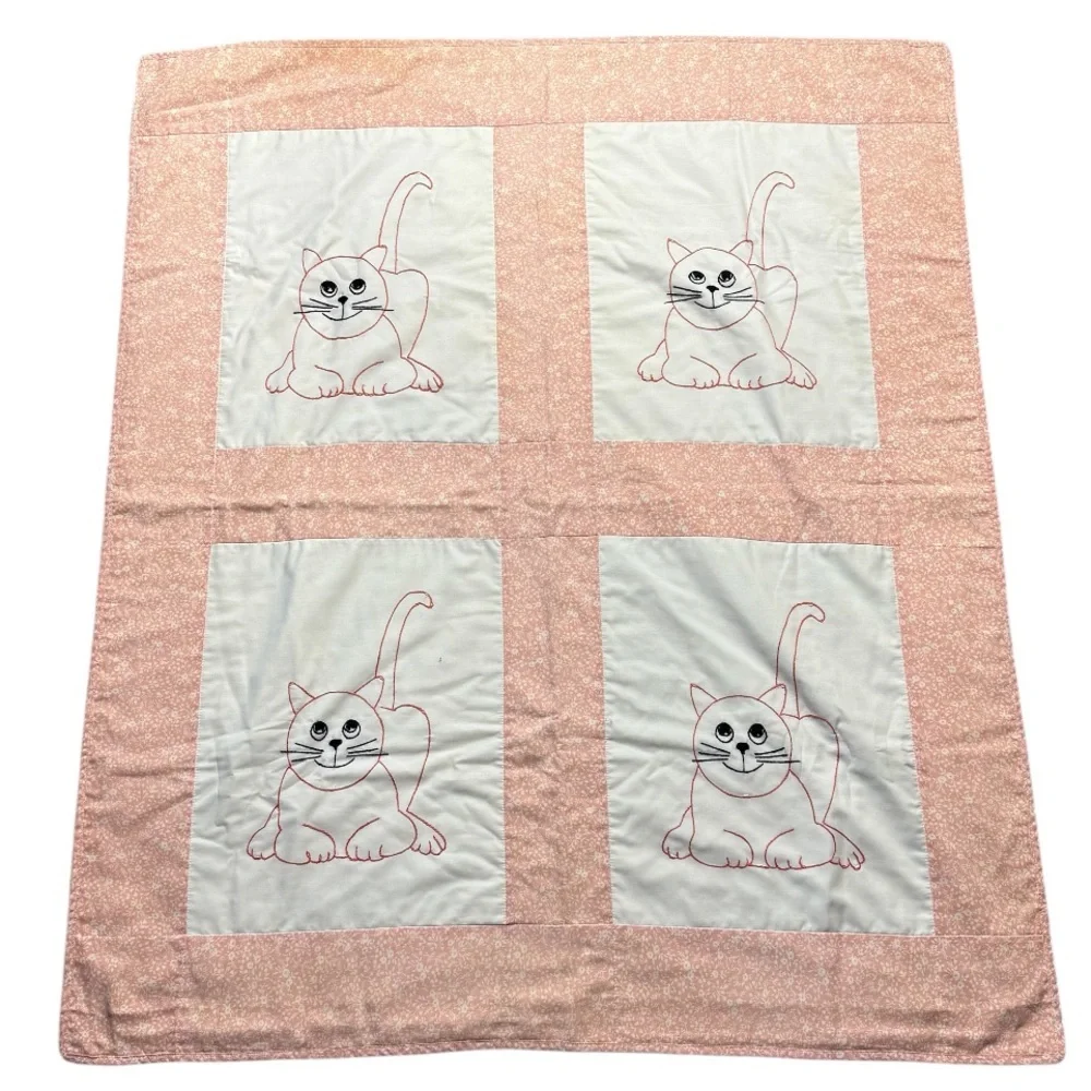 Vintage cat patchwork baby blanket pink embroidered kitten 35x42